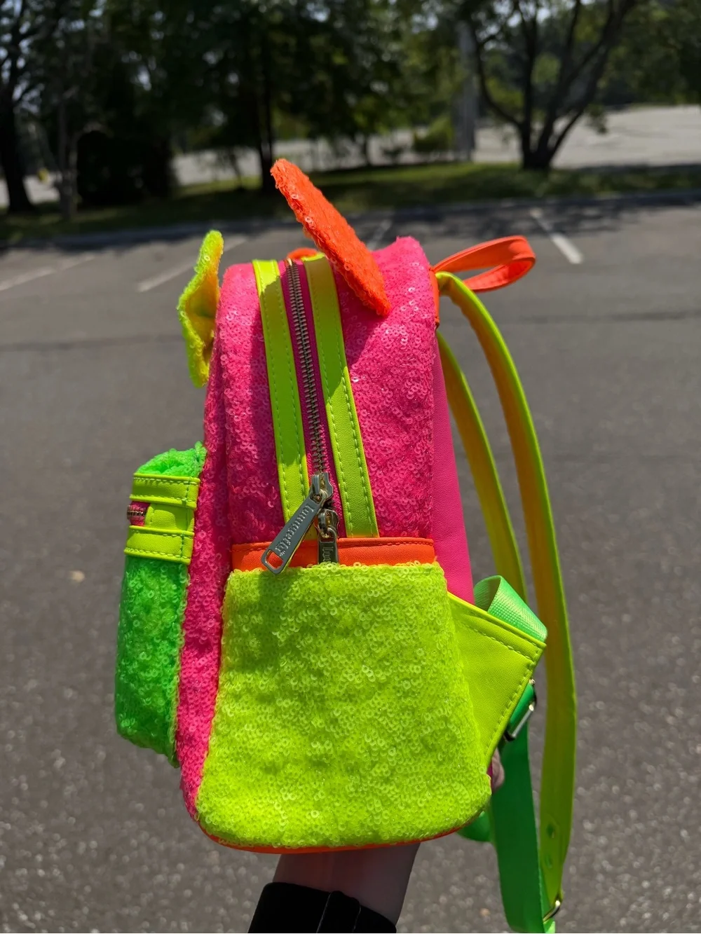 EUC wo tags Loungefly Neon Sequin Kids Mini Backpack - Pink, Neon Green & Orange